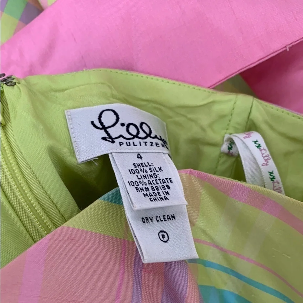 Lilly Pulitzer Sienna silk taffeta plaid strapless dress green pink fit flare 4 - Picture 4 of 4